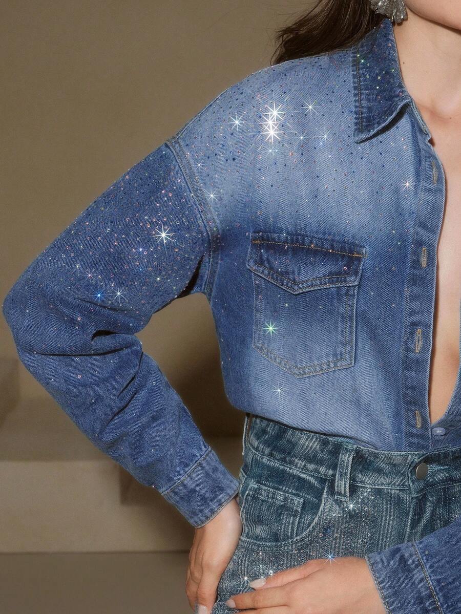 Anewsta Elegant Rhinestone Embellished Blue Denim Blouse, Suitable For Fall, Winter, New Year, Elegant, Chic, Stylish, Christmas, Going Out - Blue - View 1