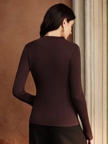 Anewsta Semi-Turtleneck Sheer Fitted Knit Sweater - Brown - View 2