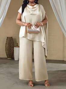 SHEIN Lady 四季两件套女装套装秋季两件套休闲优雅女装香槟色缎面编织立领优雅分层女装秋季套装新款女式两件套女式休闲大码套装女士教师装外出上衣女士商务休闲女装宽松裤阔腿裤金色上衣女士商务休闲装女士不对称上衣
