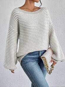 SHEIN LUNE Striped Pattern Off Shoulder Lantern Sleeve Sweater,Long Sleeve Tops,Off The Shoulder Sweater In Fall/Winter - Multicolor - View 5