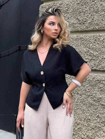 Jeta Ari Elegant Flared Sleeve Double-Breasted Cardigan, Solid White Simple Casual Shirt