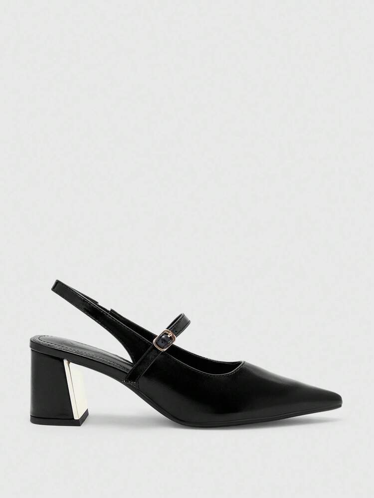 CUCCOO BIZCHIC Zapatos de tacón alto elegantes y apropiados para la oficina para mujeres. Punta afilada, tacón grueso, correa individual con decoración metálica, talón descubierto, adecuados para el transporte y el trabajo.