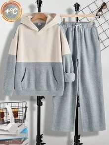 SHEIN 青少年男童休闲街头纯色刺绣细节舒适套头连帽衫和运动裤套装，适合通勤、上学、日常休闲、旅行、运动、派对、秋冬 - 彩色 - 查看 5