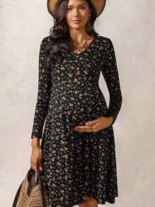 Boho Mama Pregnant Women's Ditsy Floral V-Neck Long Sleeve Casual Dress Cottagecore Dress Long Sleeve Mini Dress Smocked Mini Dress Cottagecore Mini Dress West Western Wear Women Boho Women Clothing Boho Chic - Black - View 4