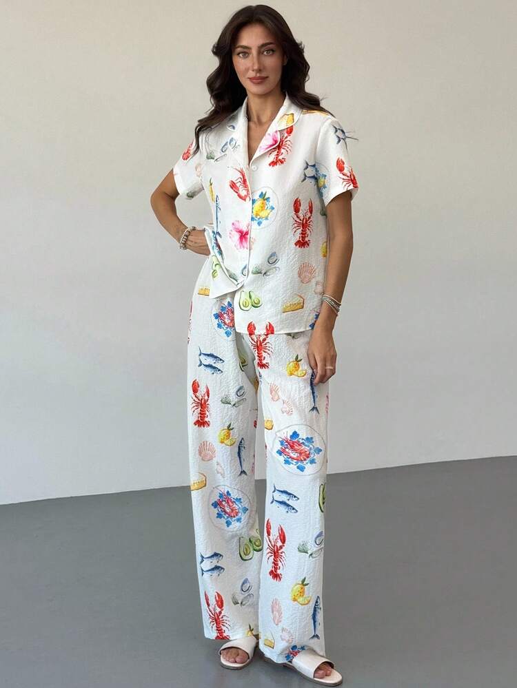TrendSteals White Print Shirt Short Sleeve Pants Set, Versatile For Home Outdoor Wear Vacation Summer Casual Graphic - Multicolor - View 5