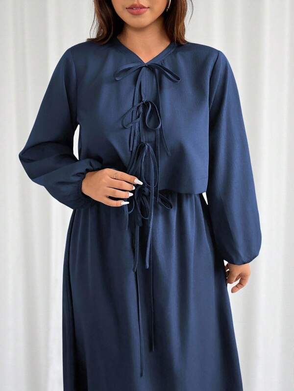 Firerie Loose Lantern-Sleeved Long-Sleeved Front-Strap Top & Long Skirt A-Line Maxi Skirt / Dark Blue Preppy Style Graduation Season Two-Piece Suit / Autumn Casual Suit