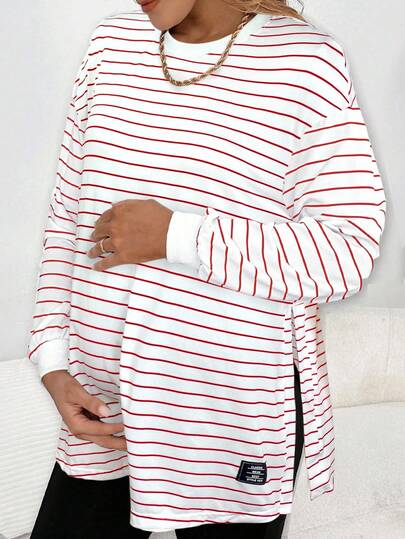 SHEIN Tricou maternitate cu dungi, mânecă lungă, casual, lejer, cu umeri căzuți