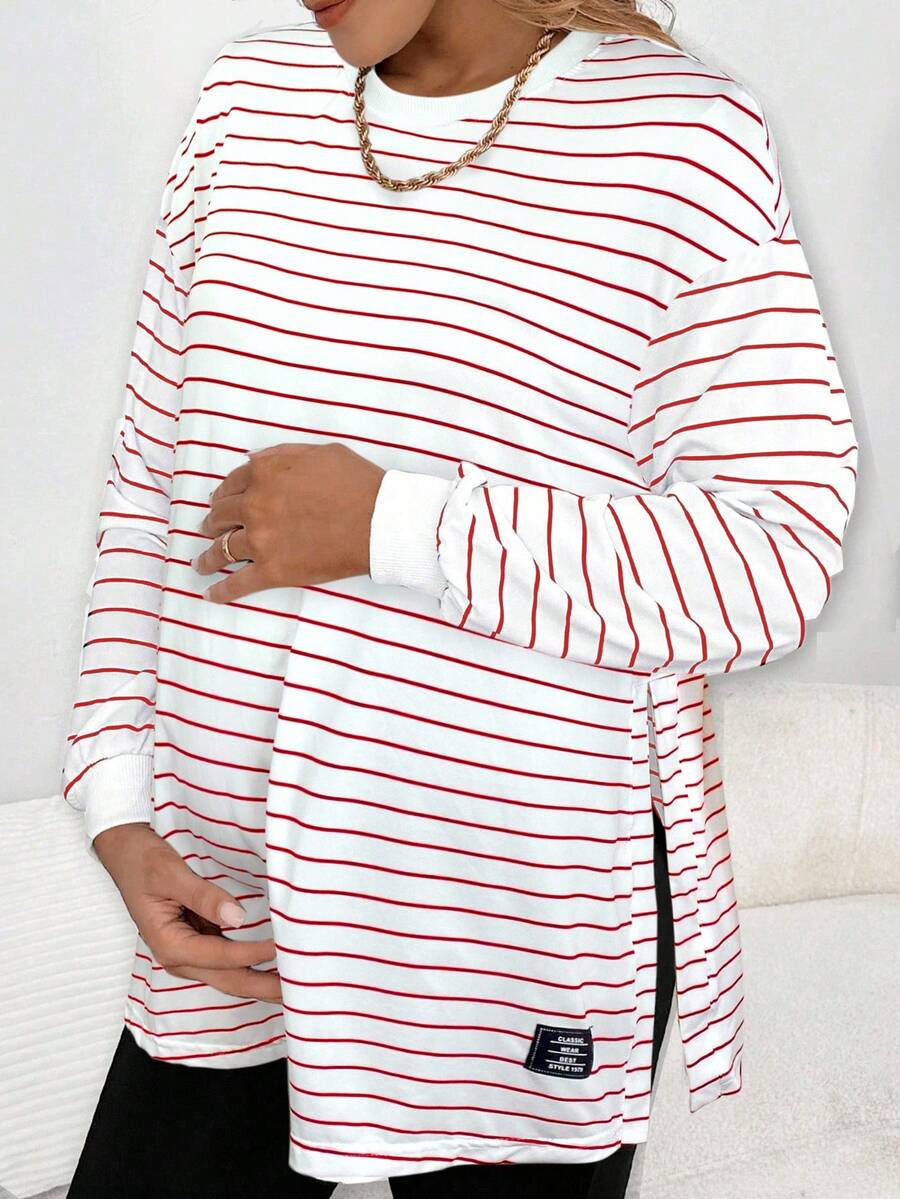 SHEIN 孕妇条纹落肩长袖宽松休闲T恤 - 紅白色 - 查看 1