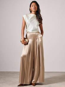 COSMINA Women's Elegant Loose Pleated Long Straight Pants, Autumn/Winter - Khaki - View 2