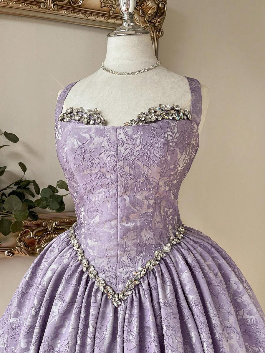 Lovelzi Váy dạ hội trang trọng chữ A ngắn không tay bằng vải satin jacquard màu tím sang trọng và thanh lịch dành cho nữ