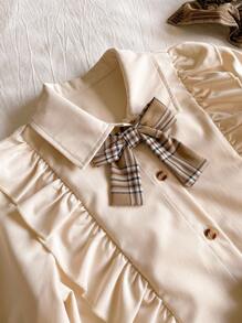 Sparklyn Tween Girl Ruffle Patchwork Long Sleeve Button-Up Shirt And Plaid Pleated Mini Skirt Casual Outfit Fall Winter Clothes - White - View 3