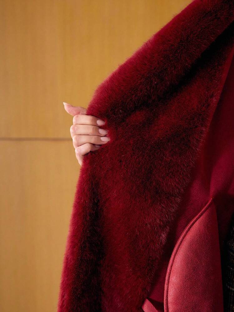 FAUX FUR SOLID LAPEL COLLAR BELTED LONGLINE COAT, CHRISTMAS COAT, RED COAT, NEW YEAR COAT