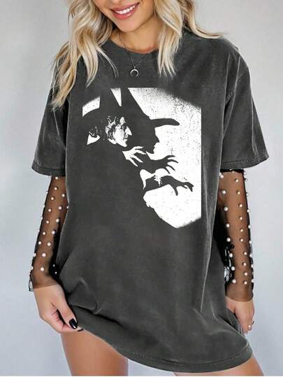 EMERY ROSE Kaos Lengan Pendek Wanita Ukuran Besar Motif Penyihir, Halloween