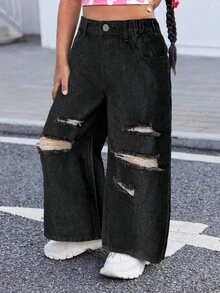 SHEIN Young Girl Y2K Casual Blue Distressed Loose Fit Denim Jeans,Kid Girls Spring And Summer Casual Vacation Hobo Denim Pant Wear, Girls Ripped Jeans, Black Baggy Jeans, Girls Baggy Jeans Fall Winter - Black - View 5