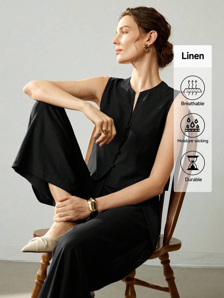 Uhlyne 女装春夏轻薄职场通勤休闲日常优雅藏青色亚麻V领无袖上衣带吊带假裹身阔腿裤两件套 - 黑色 - 查看 1