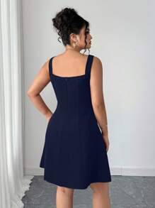 Elenzga 大码女式纯色无袖方领收腰A字连衣裙 - 藏蓝色 - 查看 2