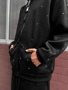 Manfinity Roghcode 男士闪亮拉链连帽长袖休闲运动衫（亮片和水钻应用随机）男士 Y2k 服装拉链连帽衫男士水钻连帽衫男士黑色水钻连帽衫 Y2k 连帽衫 - 黑色 - 查看 6