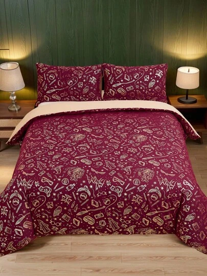 HARRY POTTER X SHEIN 3 Piezas Juego de Ropa de Cama con Estampado de Lámina, Color Rojo Navideño para Año Nuevo, Suave y Acogedor, Cálido y Lavable a Máquina, Adecuado para Cama Individual/Doble/Queen/King, Dormitorio/Hogar, Regalo de Navidad