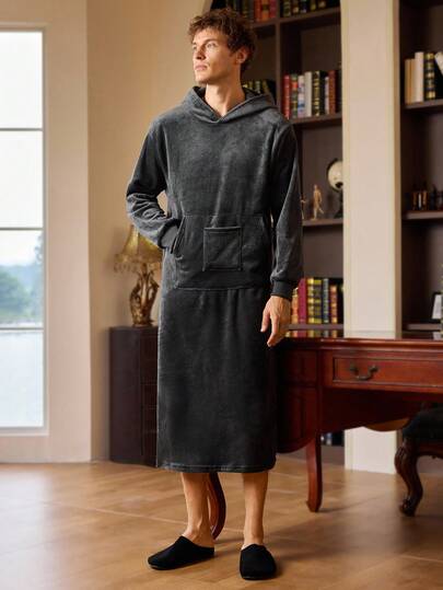 Men's Solid Color Hooded Collar Long Sleeve Pocket Robe, Fashion Autumn/Winter Long Sleeve Robe House Robe Men Men Sleepwear Men Robes Hooded Robe