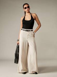 MISSGUIDED Pinstripe Wide Leg Palazzo Pants High Waisted Office Wear Business Professional Trousers With Belt Elegant Classic Workwear Fall Winter - Beige - View 3