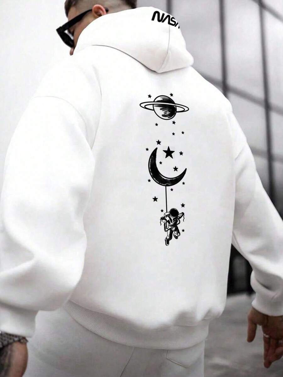 Manfinity Homme Men Ultra Loose Fit Moon & Planet Printed Hoodie, Fall, Long Sleeve Top - White - View 1