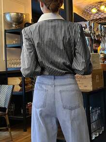 INAWLY 女式纽扣长袖休闲宽松条纹衬衫女式衬衫 - 黑色 - 查看 2