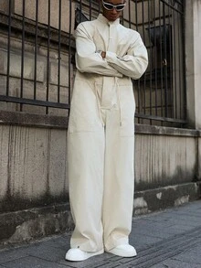 Manfinity EMRG 男士休闲连体裤，带口袋，腰部抽绳，前拉链连体裤，秋季 - 米色 - 查看 7