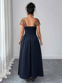 Auvina Women's Elegant Jacquard Patchwork Summer Dress - Navy Blue - View 2