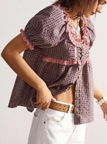 Bohemela 休闲梭织格子泡泡袖V领宽松女式衬衫