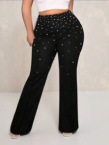 SHEIN SXY Plus Size Women's Fall & Winter,Spring&Summer Elegant Hand-Sewn Artificial Pearls Straight Leg Suit Pants,Suitable For Office Pearl Pants Plus Size Pearl Pants Pearl Embellished Pants Black Pants With Pearls Women Dress Pants With Pearls