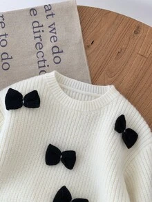 SHEIN LMoss Kids Babygirl Cute Bow Decor Long Sleeve Sweater & Elastic Waist Skirt 2-Piece Set, Versatile For Autumn/Winter Fall