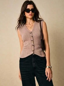 Poéselle Women's Elegant Dusty Mauve Single-Breasted Fitted Cardigan Vest,Simple Solid Autumn Sweater For Brunch,Party,New Year,Old Money Fall/Winter Commuter - Coffee Brown - View 5
