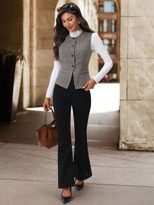 Editum 女士圆领棕色卡其格纹无袖背心，收腰设计，优雅休闲通勤衬衫，适合秋季、办公室、工作场合，春夏优雅正式。 - 棕色 - 查看 3