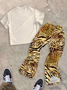 SHEIN 青少年街头服饰套装，儿童服装，青少年男孩和女孩豹纹套装，猎豹印花服装，动物印花裤套装，涂鸦肖像，老虎图案青少年男孩圆领 T 恤和喇叭裤休闲两件套西装，适合夏季 - 彩色 - 查看 3