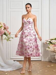 Poshira Váy dạ hội xếp ly vải jacquard thanh lịch dành cho nữ - Nhiều màu - Xem 3