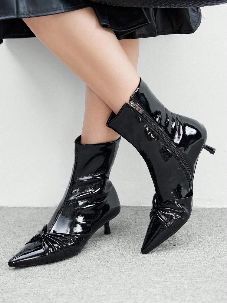 CUCCOO BIZCHIC Women's Black Patent Leather Pointed Toe Ankle Boots, 2025 New Autumn Boots, Low Heel Ankle Boots, Tight Fit Boots, Plus Size Fashion Boots