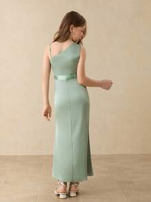 Satin One-Shoulder Bowknot Decor Hem Slit Maxi Dress For Girls, Elegant Flower Girl Dress For Wedding, Prom, Birthday Party, Christmas, Halloween, Back To School, Graduation Fall Winter - Green - View 2