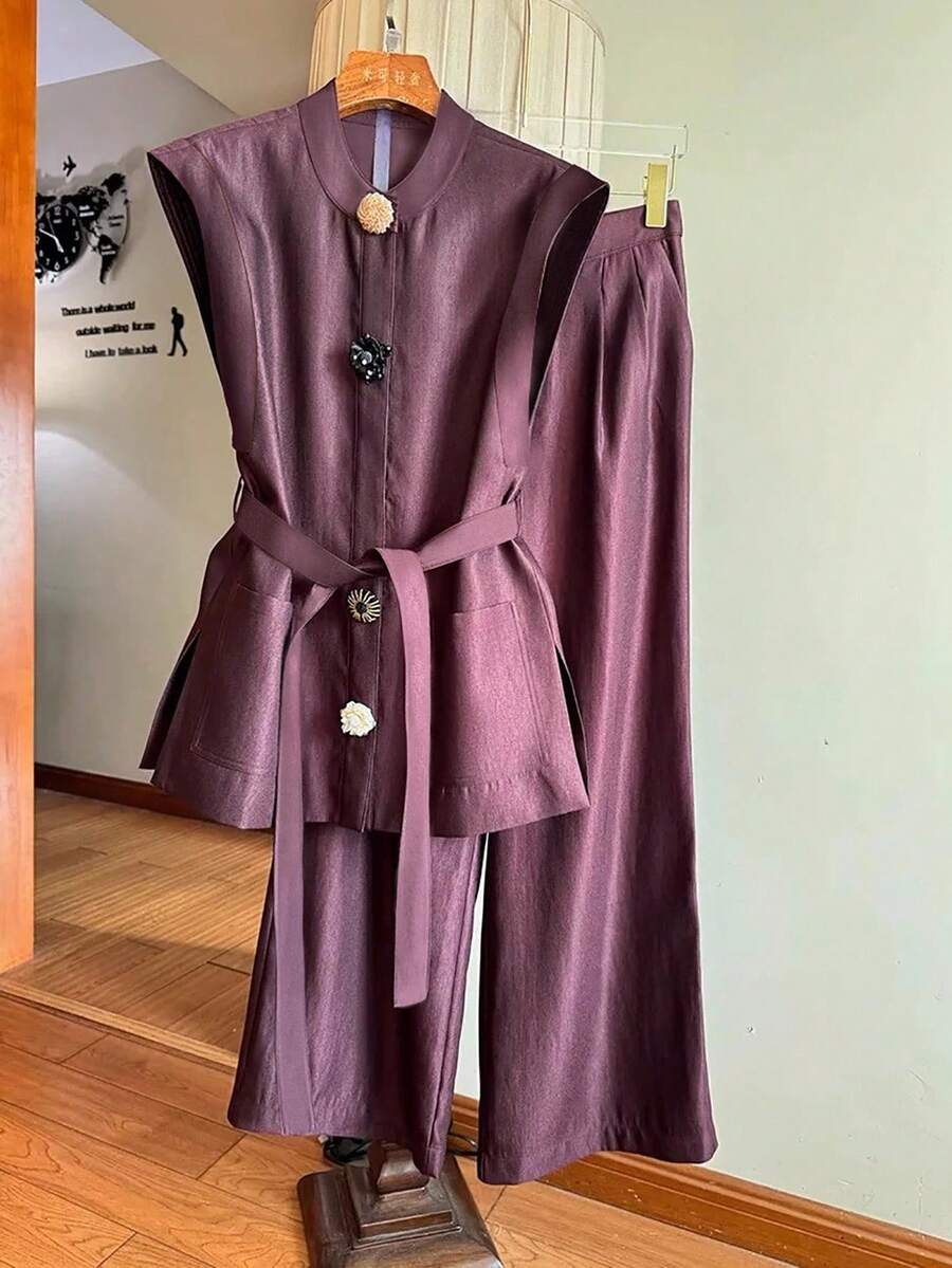 Franclia 2件套纯色无袖腰带上衣和裤子优雅套装 - 紫色 - 查看 1