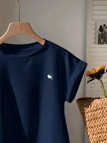 Comfortcana Navy Blue Casual Minimalist Horse Print Loose Fit Cropped Short Sleeve Round Neck T-Shirt For Women, Suitable For Summer