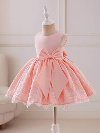 Glamorique Kids 四季花童婚纱、公主薄纱连衣裙、腰部蝴蝶结无袖背心、刺绣蕾丝下摆连衣裙、生日派对公主裙