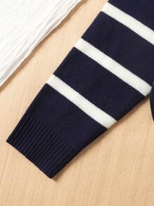 SHEIN 青少年女孩休闲宽松拼色条纹圆领套头衫 - 藍白色 - 查看 6