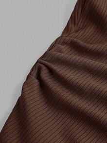 SHEIN Girlism 少女罗纹领蕾丝边立领短款T恤 - 棕色 - 查看 4