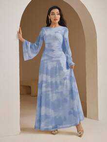 Veilorie Đầm dài tay cổ tròn in họa tiết tie-dye thanh lịch dành cho nữ - Màu xanh lam - Xem 3