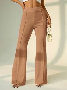 SHEIN PETITE 低腰纯色喇叭腿紧身西装裤派对性感优雅约会之夜派对 - 卡其色 - 查看 4