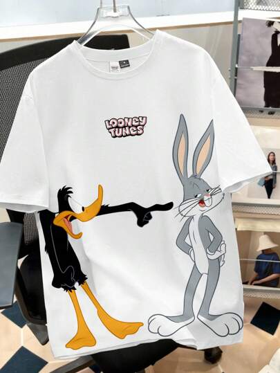 Looney Tunes X Manfinity Manfinity Joysei Herren Große Größen Lässig süßes Cartoon Tier Muster Kurzarm T-Shirt, Sommer