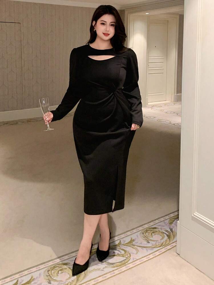 Dazy Plus Plus Size Women Solid Color Round Neck Hollow Waist Twist Cut-Out Long Sleeve Fitted Dress, Autumn Prom Dress Elegant Women Dresses Maxi Dress
