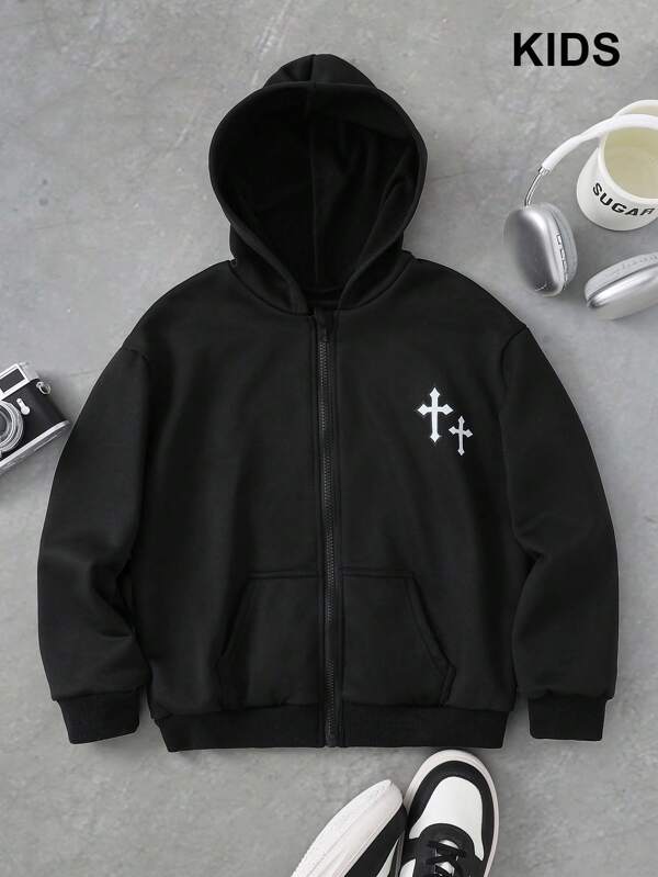 PAVTROS Tween Boy Matching Casual All-Match Versatile Sports Chic Urban Street Cross Print Zip-Up Loose Hoodie In Black