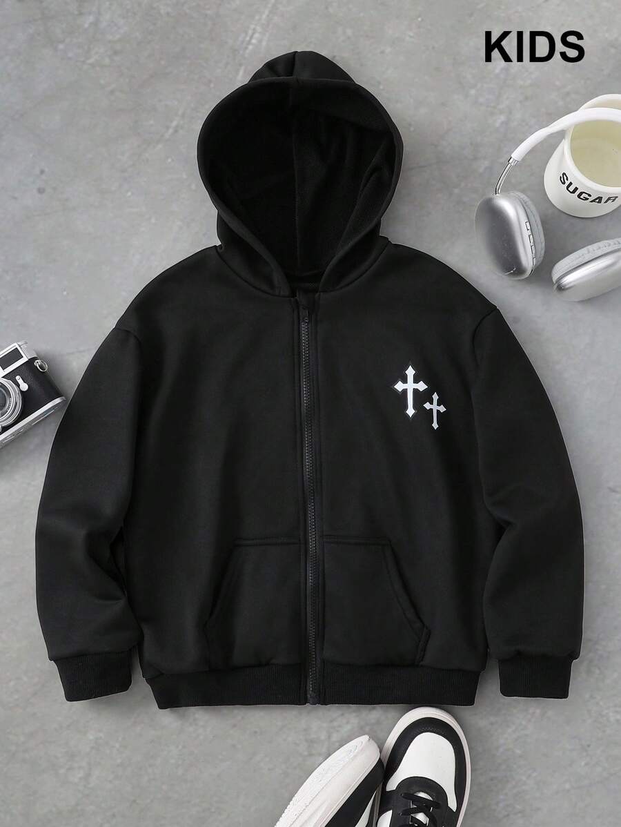 PAVTROS Tween Boy Matching Casual All-Match Versatile Sports Chic Urban Street Cross Print Zip-Up Loose Sweatshirt In Black - Black - View 1