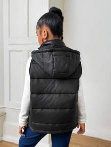 SHEIN Tween Girl Casual Daily Black Hooded Front Zipper JacketAutumn Clothing Fall Winter - Black - View 2