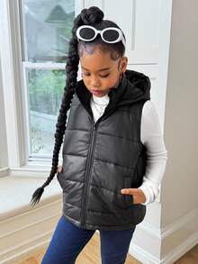 SHEIN Tween Girl Casual Daily Black Hooded Front Zipper JacketAutumn Clothing Fall Winter - Black - View 3